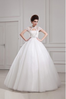 Net and Satin Jewel Neckline Floor Length Ball Gown with Crystal