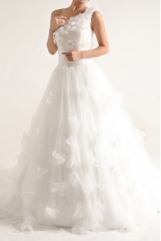 Net and Satin One Shoulder Cathedral Train Ball Gown with Handmade Flowers
