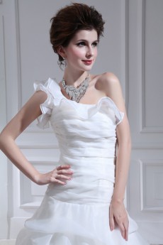Organza One Shoulder Cathedral Train Ball Gown with Handmade Flowers