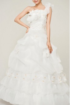 Organza One Shoulder Floor Length Ball Gown with Handmade Flowers