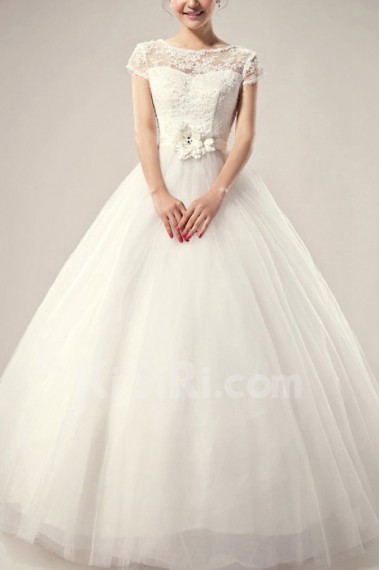 Satin Jewel Neckline Floor Length Ball Gown with Pearls