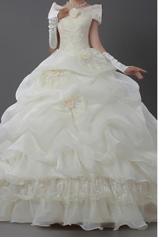 Satin Off-the-Shoulder Cathedral Train Ball Gown with Handmade Flowers