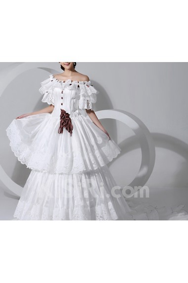 Satin Scoop Neckline Cathedral Train Ball Gown with Handmade Flowers