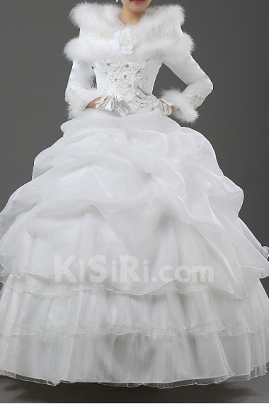 Satin Jewel Neckline Floor Length Ball Gown with Handmade Flowers