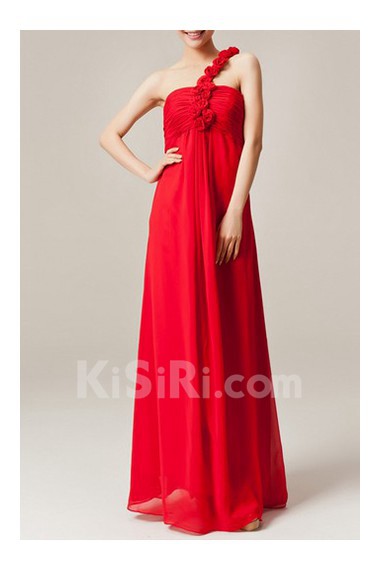 Chiffon One Shoulder Floor Length Empire Dress with Handmade Flowers