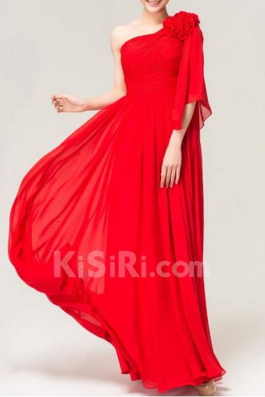 Chiffon One Shoulder Floor Length Empire Dress with Handmade Flowers
