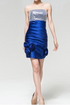Satin Strapless Short Dress with Handmade Flowers