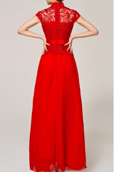 Lace High Collar Neckline Floor Length A-line Dress with Handmade Flowers