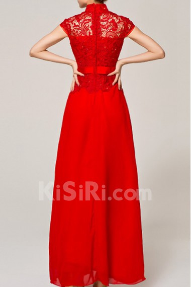 Lace High Collar Neckline Floor Length A-line Dress with Handmade Flowers