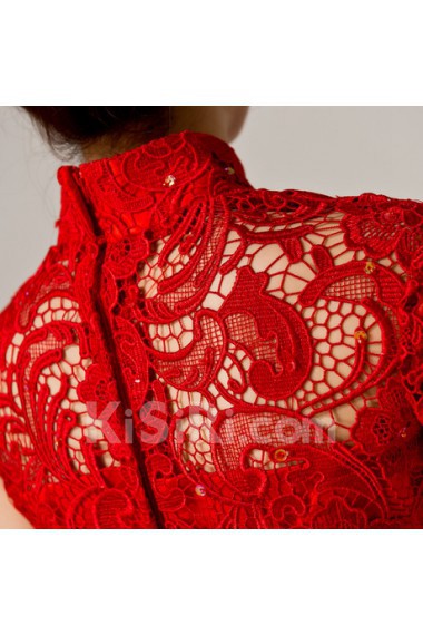 Lace High Collar Neckline Floor Length A-line Dress with Handmade Flowers
