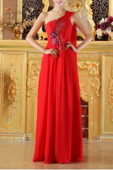 Chiffon One Shoulder Floor Length Empire Dress with Handmade Flowers