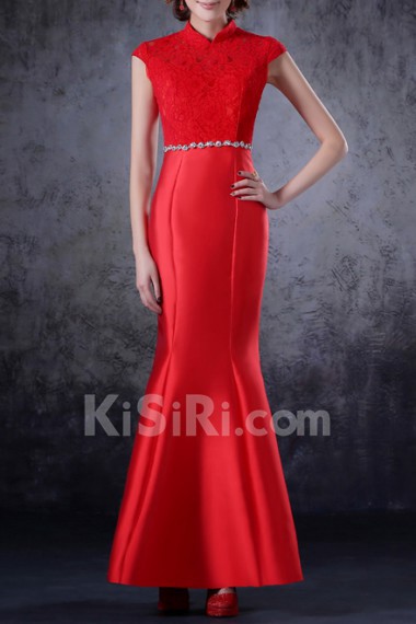 Satin High Collar Neckline Ankle-Length Mermaid Dress with Crystal