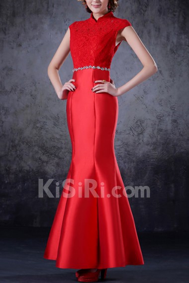Satin High Collar Neckline Ankle-Length Mermaid Dress with Crystal