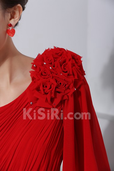 Chiffon One Shoulder Floor Length Column Dress with Handmade Flowers