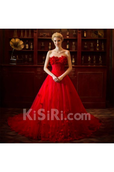 Lace,Satin,Net Sweetheart A-line Dress with Handmade Flowers