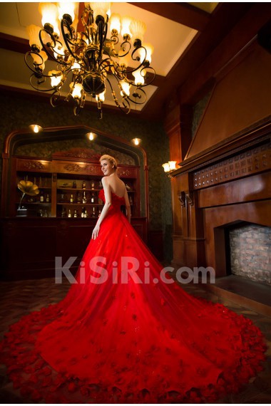 Lace,Satin,Net Sweetheart A-line Dress with Handmade Flowers