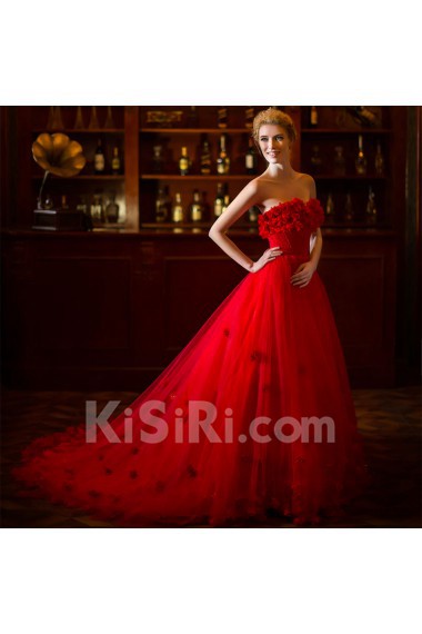 Lace,Satin,Net Sweetheart A-line Dress with Handmade Flowers