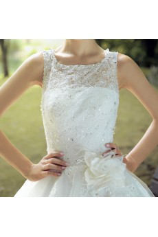 Lace,Satin Scoop A-line Dress with Handmade Flowers