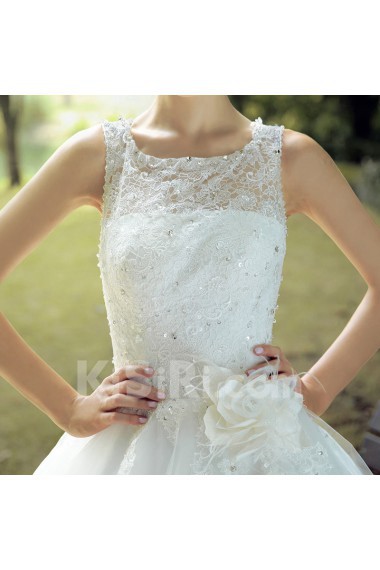Lace,Satin Scoop A-line Dress with Handmade Flowers