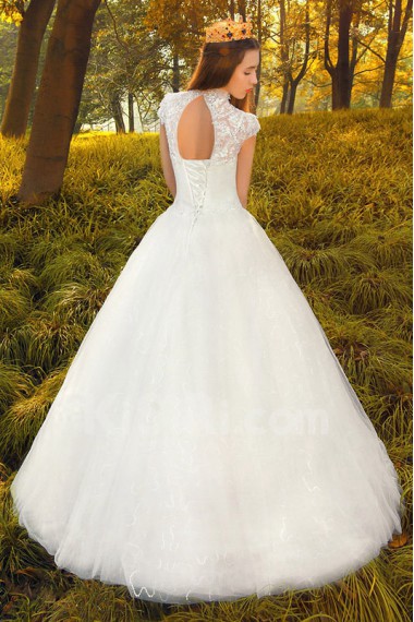 Lace,Satin,Tulle High Collar A-line Dress with Handmade Flowers