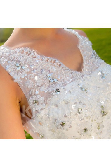Satin,Tulle V-neck A-line Dress with Sequins