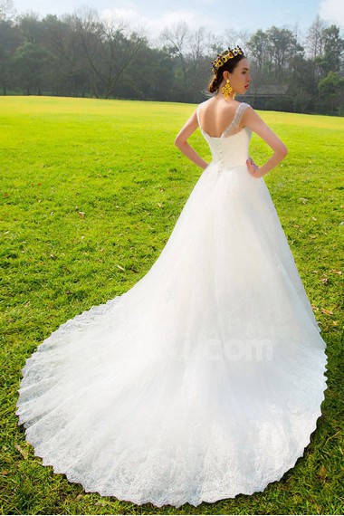 Lace,Satin,Tulle V-neck A-line Dress with Bead and Sequins