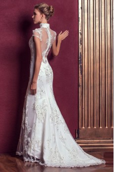 Satin,Tulle,Lace High Collar Sheath Dress with Sequins