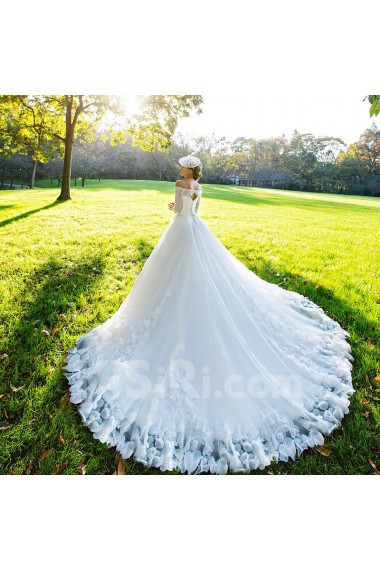 Tulle,Satin,Lace Off-the-Shoulder A-line Dress with Handmade Flowers
