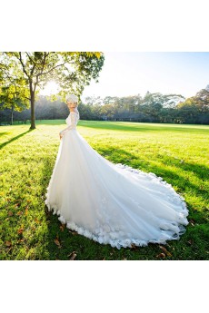Tulle,Satin,Lace Off-the-Shoulder A-line Dress with Handmade Flowers