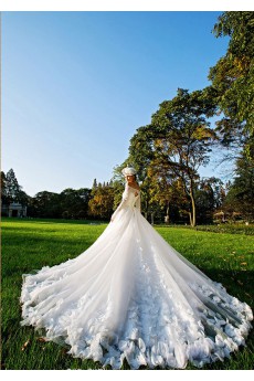 Tulle,Satin,Lace Off-the-Shoulder A-line Dress with Handmade Flowers