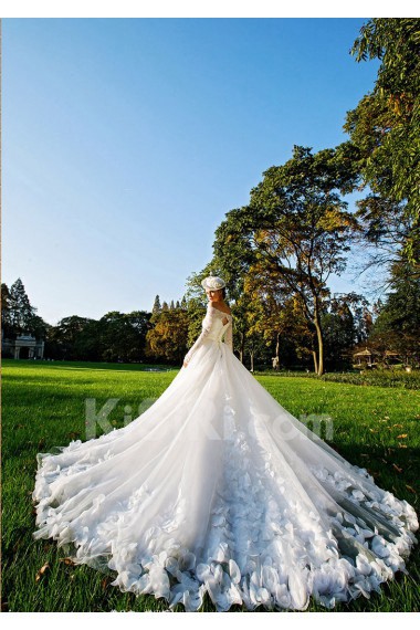 Tulle,Satin,Lace Off-the-Shoulder A-line Dress with Handmade Flowers