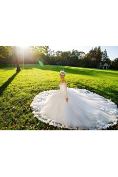 Tulle,Satin,Lace Off-the-Shoulder A-line Dress with Handmade Flowers