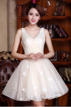 Satin and Tulle V-neck Dress with Handmade Flowers