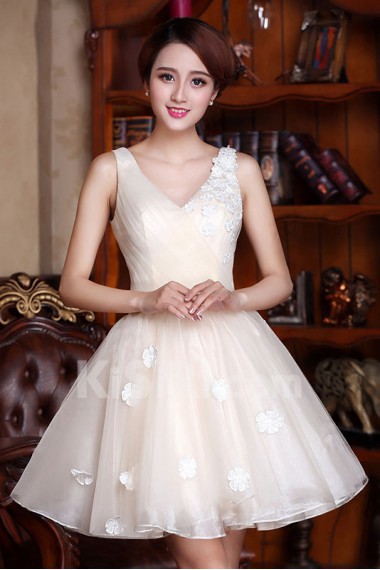 Satin and Tulle V-neck Dress with Handmade Flowers