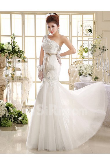 Tulle One-shoulder Sheath Dress with Handmade Flower
