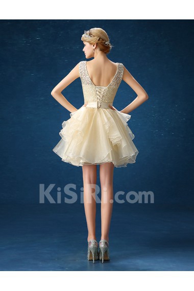 Organza, Lace Jewel Mini/Short Sleeveless A-line Dress with Flower, Bow