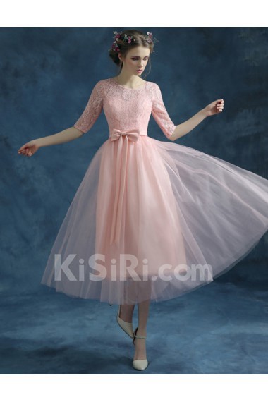 Lace, Chiffon, Tulle Jewel Tea-Length Half Sleeve A-line Dress with Embroidered, Bow