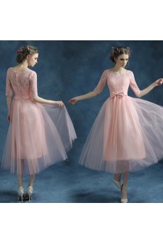 Lace, Chiffon, Tulle Jewel Tea-Length Half Sleeve A-line Dress with Embroidered, Bow