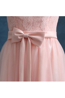 Lace, Chiffon, Tulle Jewel Tea-Length Half Sleeve A-line Dress with Embroidered, Bow