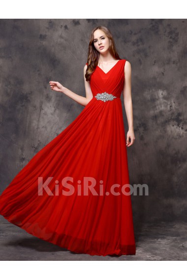 Lace V-neck Floor Length Sleeveless Sheath Dress with Rhinestone