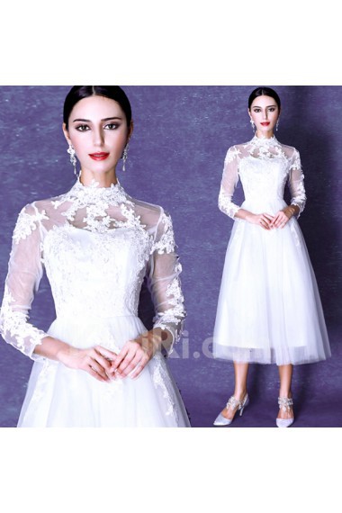Organza High Collar Tea-Length Long Sleeve A-line Dress with Beads