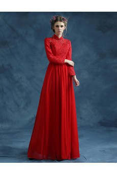 Lace High Collar Floor Length Long Sleeve Sheath Dress with Beads