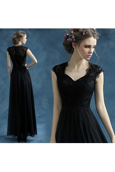 Lace, Chiffon, Tulle V-neck Floor Length Cap Sleeve A-line Dress with Embroidered