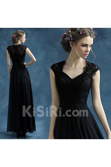 Lace, Chiffon, Tulle V-neck Floor Length Cap Sleeve A-line Dress with Embroidered