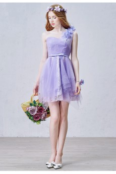 Lace, Tulle, Satin One-shoulder Mini/Short Sleeveless A-line Dress with Handmade Flowers, Bow