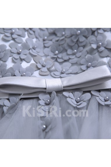Tulle Scoop Floor Length Cap Sleeve A-line Dress with Handmade Flowers, Bow