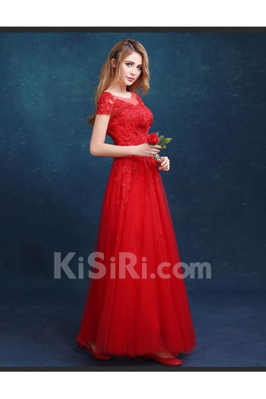 Tulle, Lace Scoop Floor Length Short Sleeve A-line Dress with Sequins