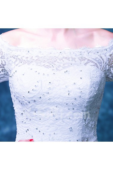 Lace, Organza Off-the-Shoulder Floor Length Half Sleeve Ball Gown Dress with Sequins