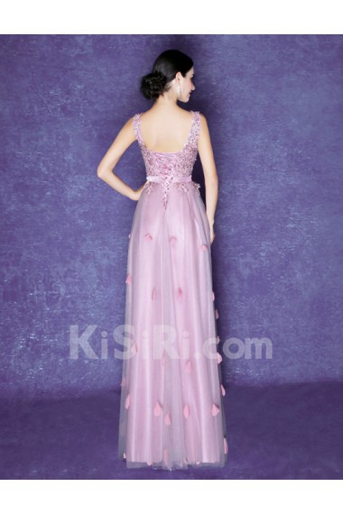 Organza V-neck Floor Length Sleeveless Sheath Dress with Sequins, Embroidered