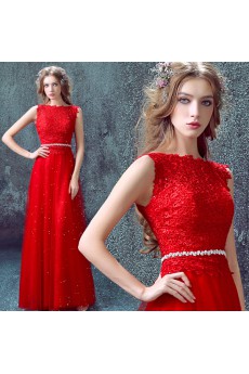 Lace, Tulle Bateau Floor Length Sleeveless A-line Dress with Embroidered, Rhinestone